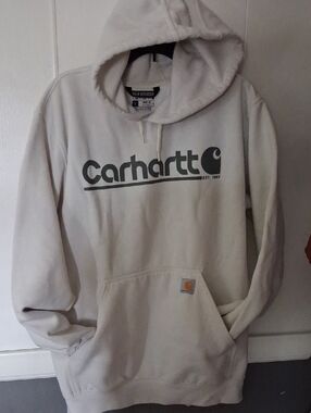 Carhartt Cream Hooded Logo Sweatshirt with Green Chest Graphic